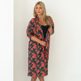 open tied pink and green waterlily organic cotton print robe, Shop TKS