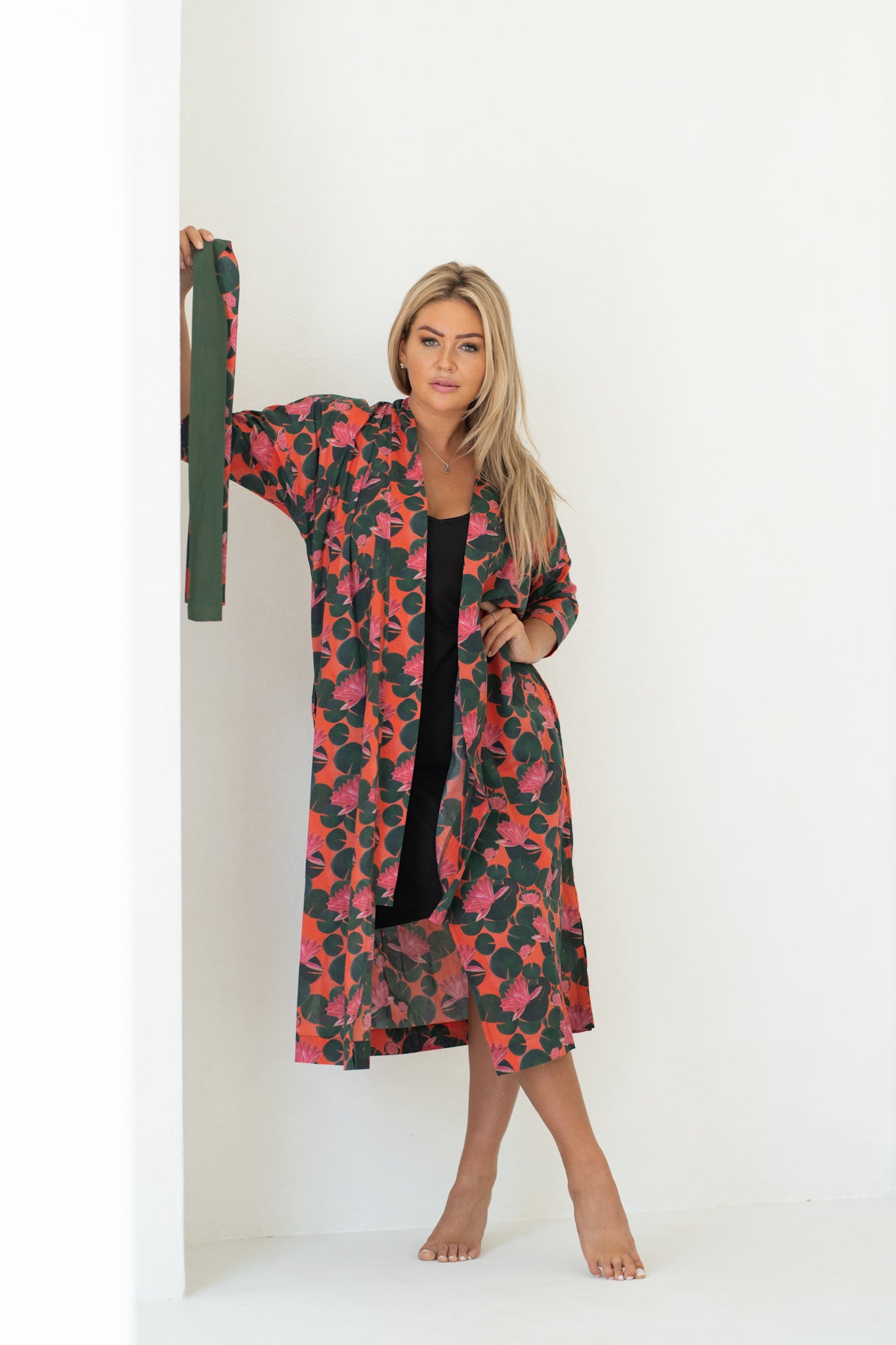 Women  pink and green waterlily organic cotton print robe, Shop TKS