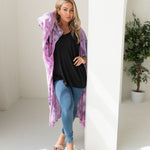 Woman wearing purple tie dye beach cover up, Shop TKS