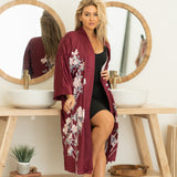 Woman wearing floral with burgundy robe and untied, Shop TKS