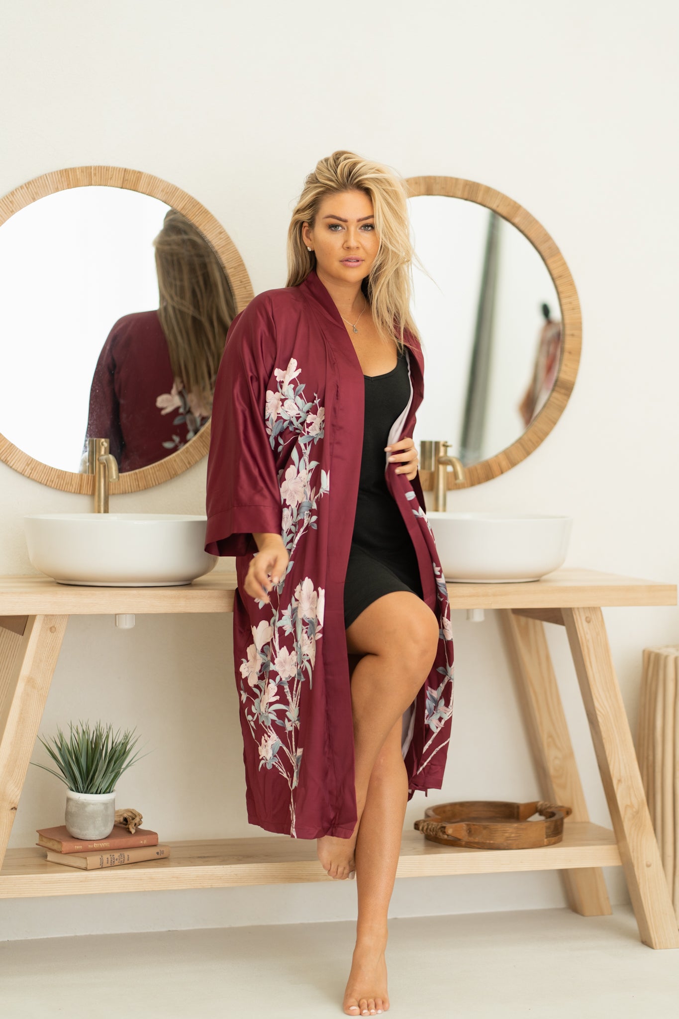 Woman wearing floral with burgundy robe and untied, Shop TKS