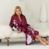 woman wearing burgundy kimono sleeve robe with floral, Shop TKS