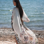 women's long floral beach cover up in white