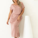 Women's pink short sleeve bamboo dress, looking away, Shop TKS