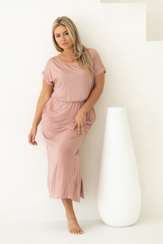 Women's pink short sleeve bamboo dress, looking away, Shop TKS