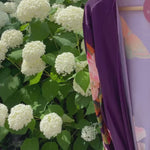 Video of purple floral Jasmine robe in front of hydrangea garden, Shop TKS