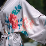 women's short pink kimono robe, sleeve detail