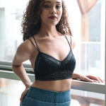 Women's Black lace crop top, front detail with model, Shop T.K.S