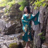 women's long kimono robe in green with floral print, maternity fashion, Shop T.K.S