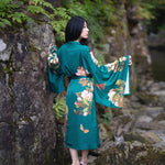 women's long kimono robe in green with floral print, maternity fashion, Shop T.K.S