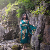 women's long kimono robe in green with floral print, maternity fashion, Shop T.K.S