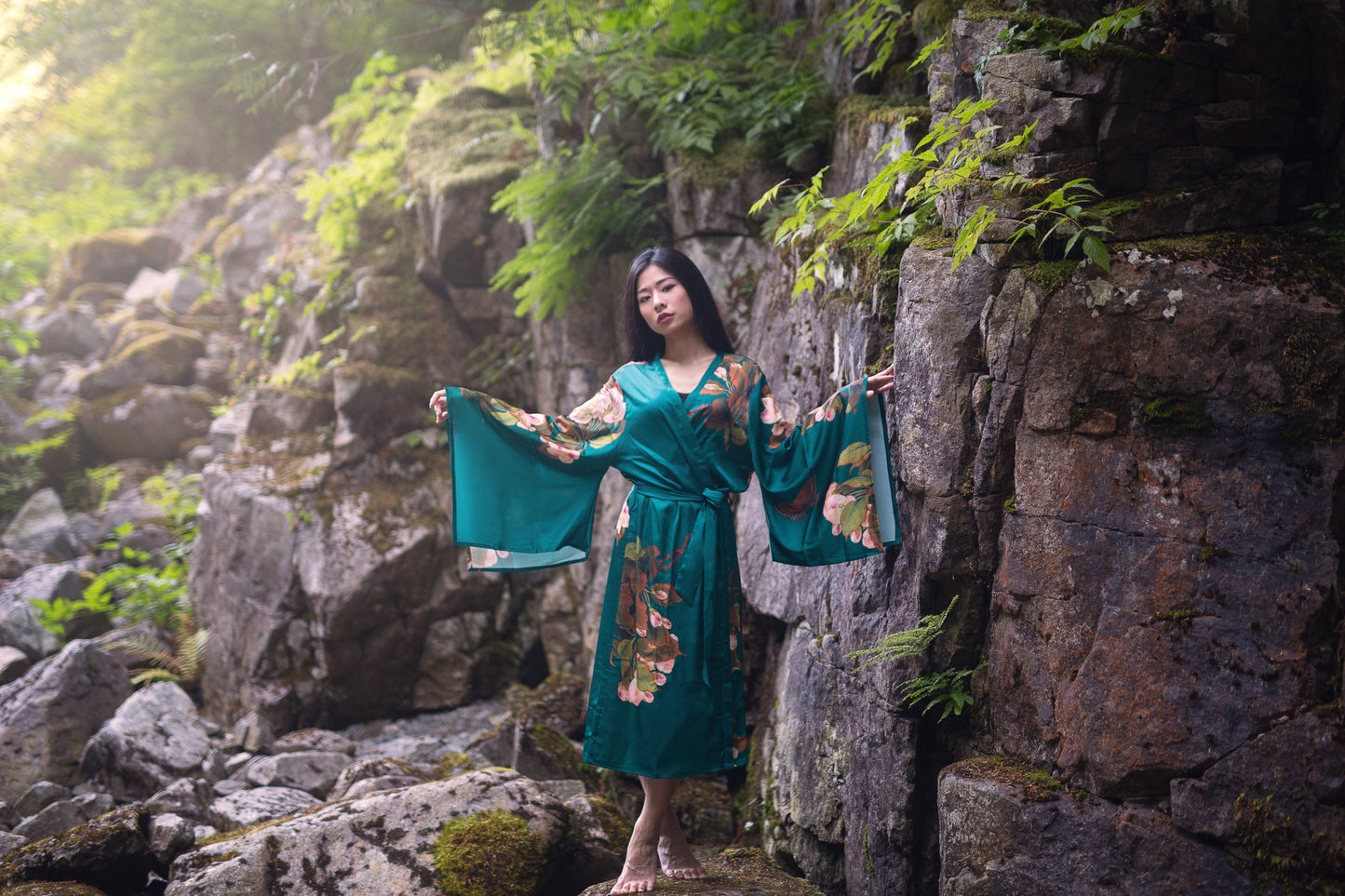 women's long kimono robe in green with floral print, maternity fashion, Shop T.K.S