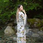 Women's Beach cover up with kimono sleeves, white floral and lace, the kimono store Canada, back view