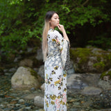 Women's Beach cover up with kimono sleeves, white floral and lace, the kimono store Canada, back view