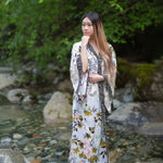 Women's Beach cover up with kimono sleeves, white floral and lace, the kimono store Canada