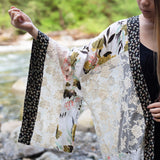 Women's Beach cover up with kimono sleeves, white floral and lace, the kimono store Canada, sleeve detail