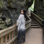 Women's long black lace boho kimono cover up for vacation, back flowy