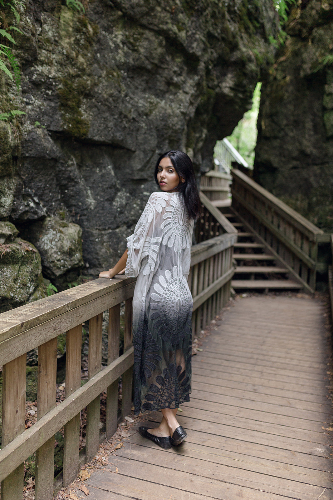 Women's long black lace boho kimono cover up for vacation, back flowy