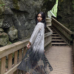 Women's long black lace boho kimono cover up for vacation, front flowy