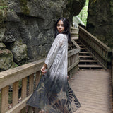 Women's long black lace boho kimono cover up for vacation, front flowy