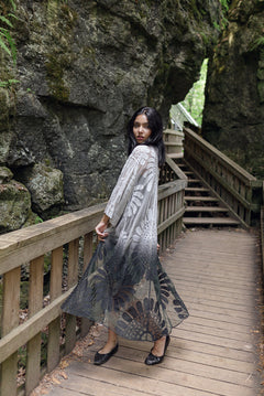 Women's long black lace boho kimono cover up for vacation, front flowy