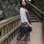 Women's long black lace boho kimono cover up for vacation, front flowy2