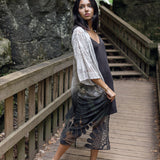 Women's long black lace boho kimono cover up for vacation, front flowy2