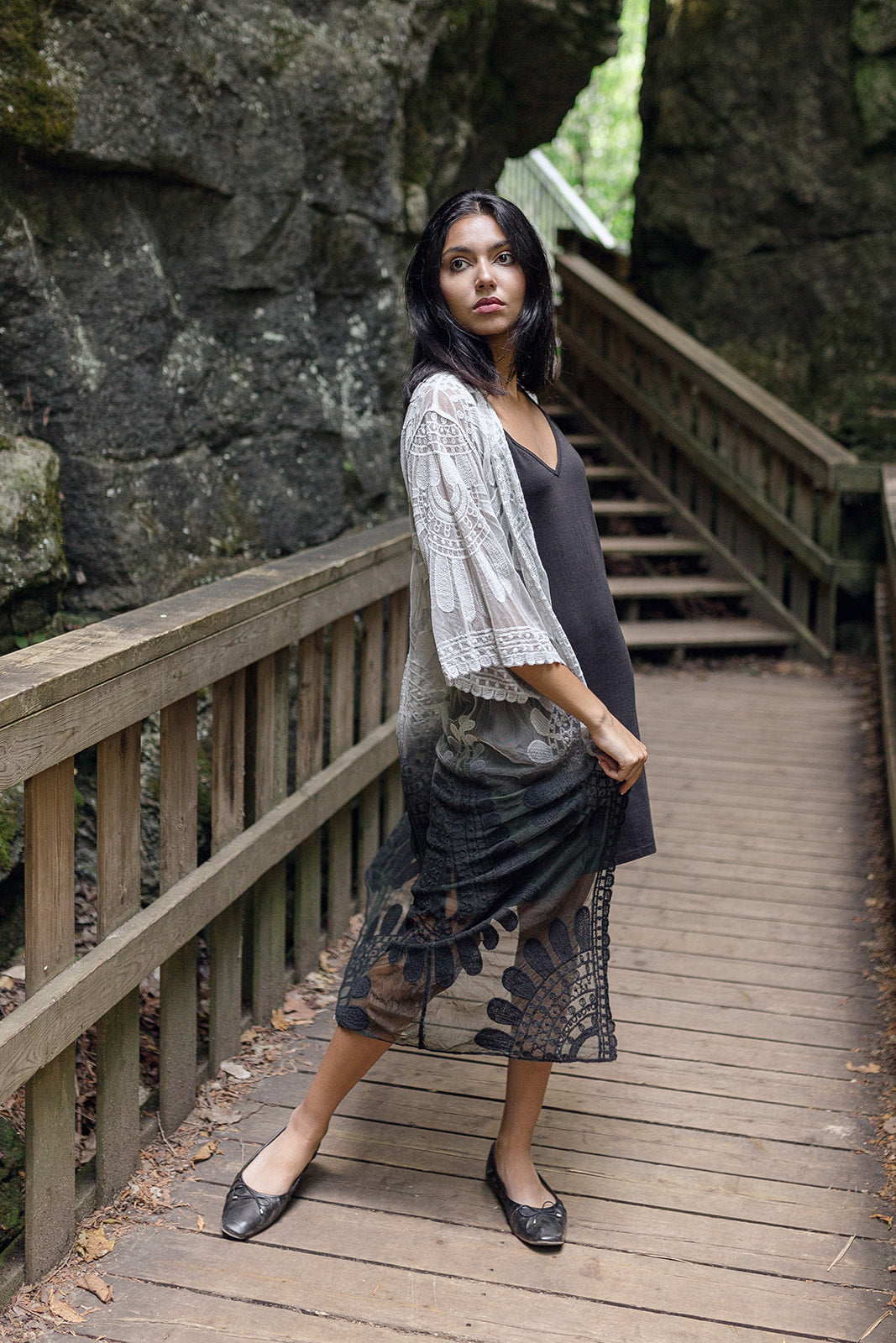 Women's long black lace boho kimono cover up for vacation, front flowy2