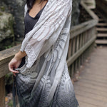 Women's long black lace boho kimono cover up for vacation, close up flowy