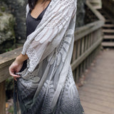 Women's long black lace boho kimono cover up for vacation, close up flowy