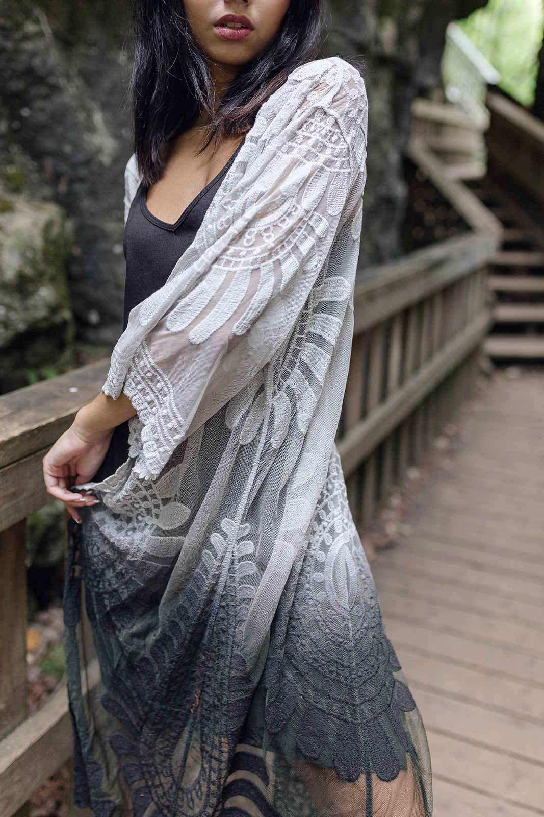 Women's long black lace boho kimono cover up for vacation, close up flowy