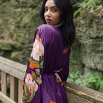 Women's long purple and floral print robe with kimono sleeves, Shop T.K.S