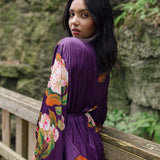Women's long purple and floral print robe with kimono sleeves, Shop T.K.S