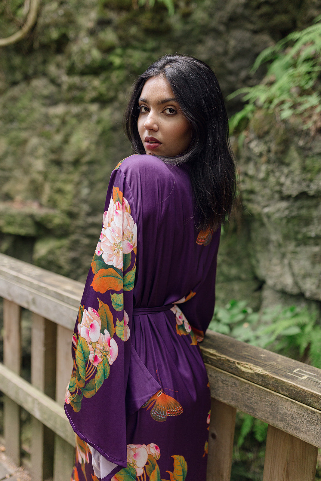 Women's long purple and floral print robe with kimono sleeves, Shop T.K.S