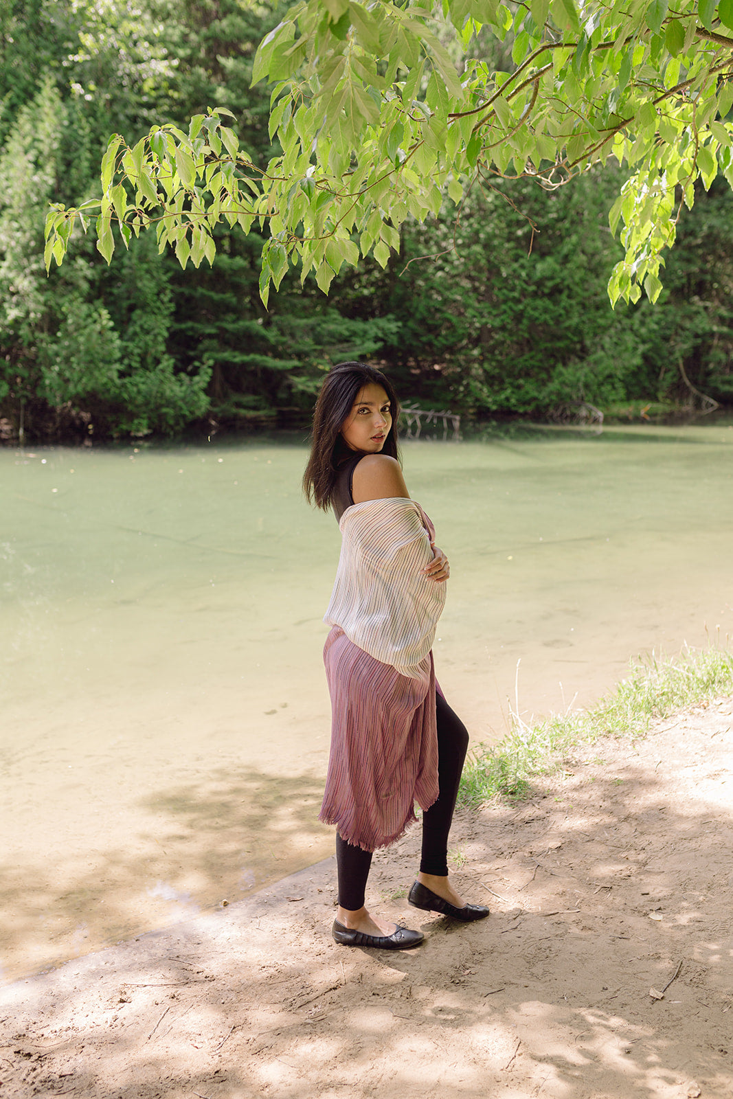 Women's beach coverup, light purple ombre kimono dress. Maternity clothing. Pictured with black leggings.