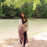 Women's beach coverup, light purple ombre kimono dress. Maternity clothing. Pictured with black top and leggings.