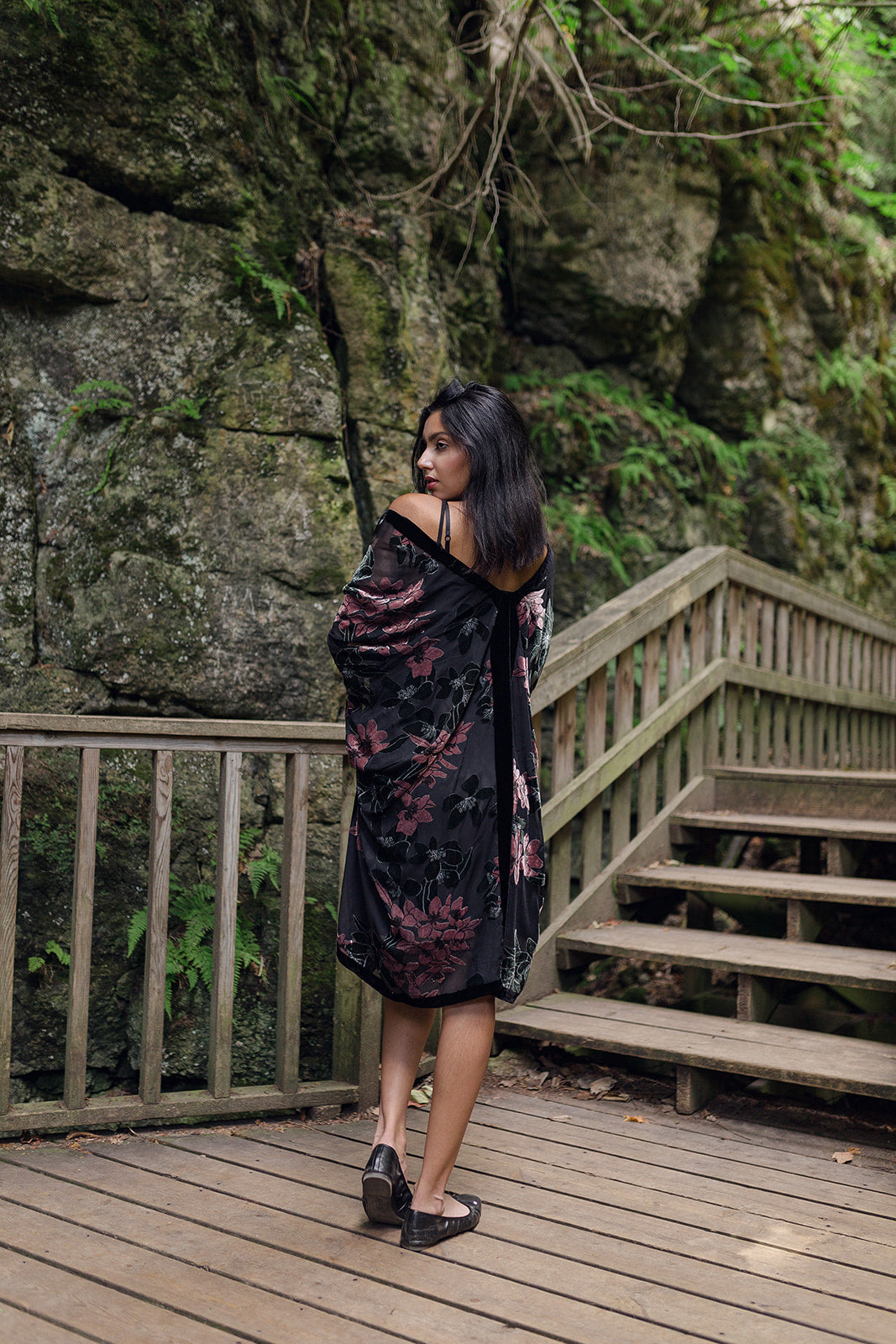 Women's black and floral velvet long boho kimono style, Shop T.K.S