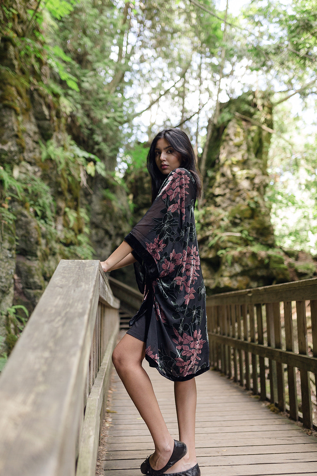 Women's black and floral velvet long boho kimono style, Shop T.K.S