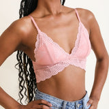 Women's pink lace seashell crop top, Shop T.K.S , front on model
