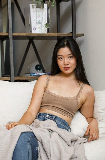 Women's tan crop top with lace straps for maternity clothing, Shop T.K.S, Canada