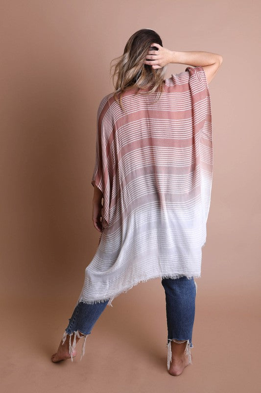 The back of a women's beach coverup, striped rusty rose kimono dress,. Maternity clothing.