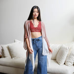 Women's beach coverup, striped rusty rose kimono dress. Maternity clothing. Pictured with crop top lacey bralette.