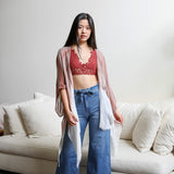 Women's beach coverup, striped rusty rose kimono dress. Maternity clothing. Pictured with crop top lacey bralette.