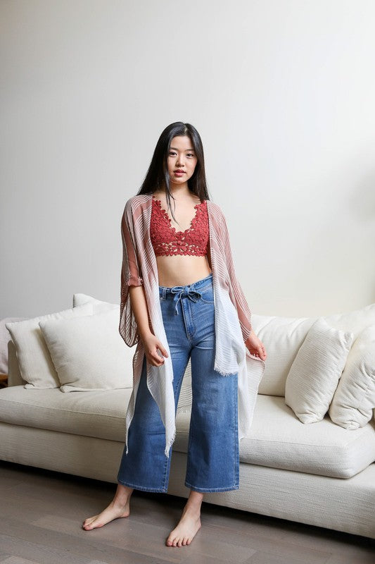 Women's beach coverup, striped rusty rose kimono dress. Maternity clothing. Pictured with crop top lacey bralette.