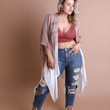 Women's beach coverup, striped rusty rose kimono dress. Maternity clothing. Pictured with jeans.