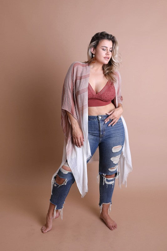 Women's beach coverup, striped rusty rose kimono dress. Maternity clothing. Pictured with jeans.