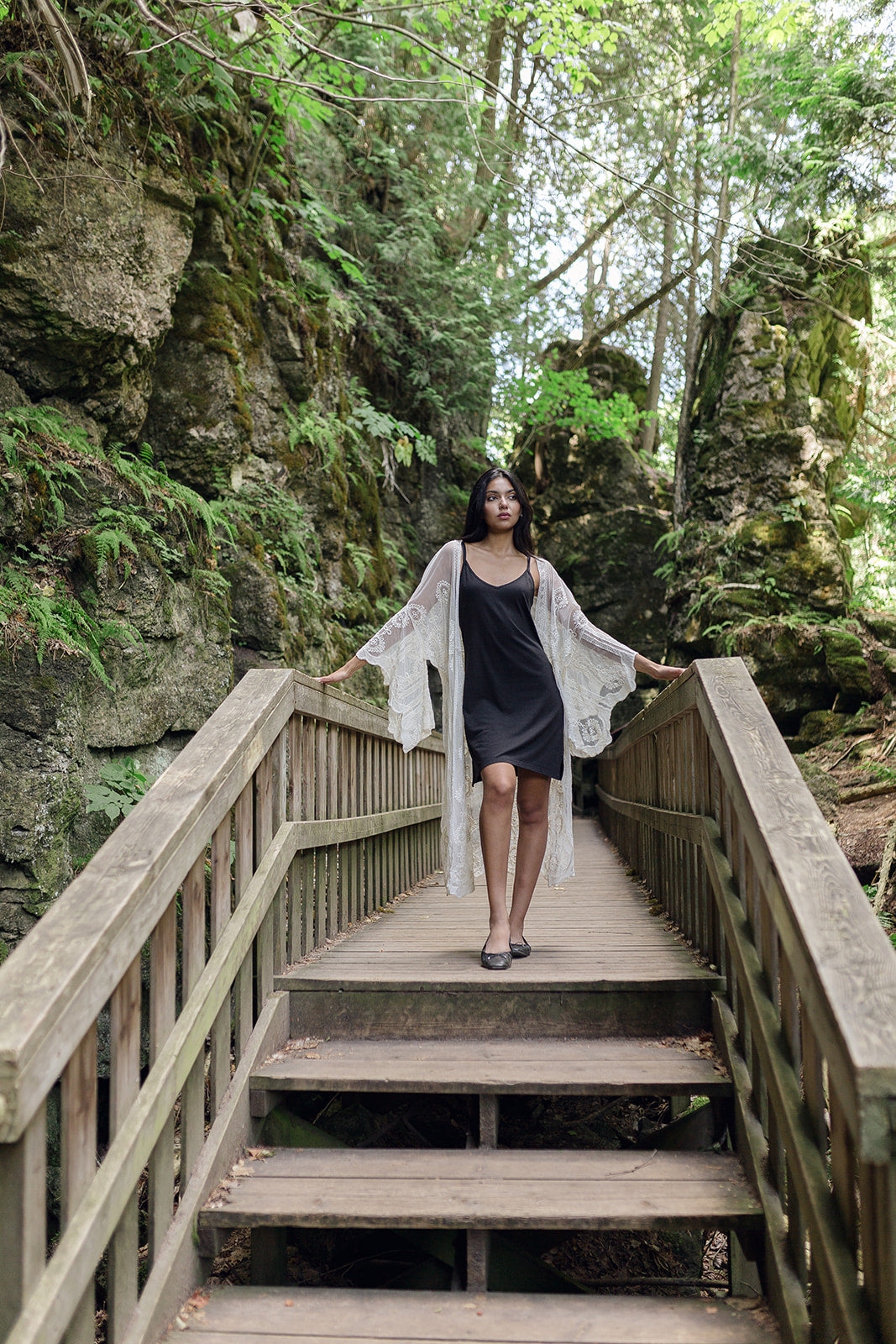 Simple black bamboo dress. Hippie dress. Pictured with white lace kimono.  