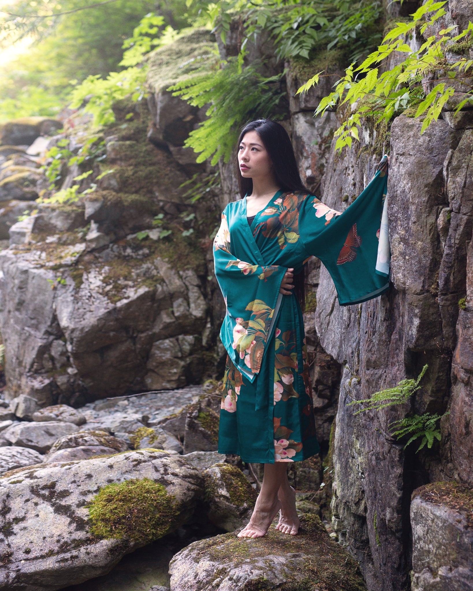 women's long kimono robe in green with floral print, maternity fashion, Shop T.K.S
