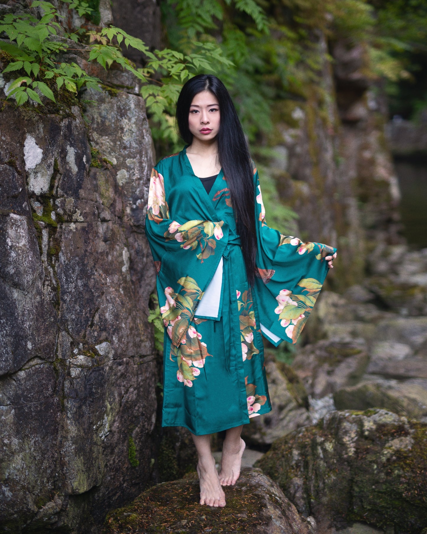 women's long kimono robe in green with floral print, maternity fashion, Shop T.K.S