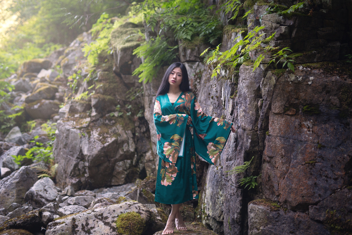 women's long kimono robe in green with floral print, maternity fashion, Shop T.K.S